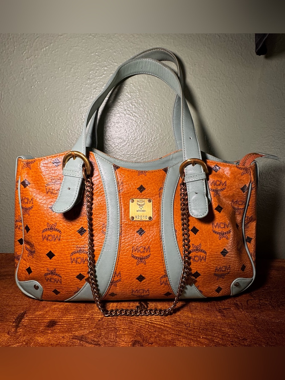 Rare Vintage MCM Orange Visetos Shoulder Tote Bag W/ Blue Trim- Chain Detail